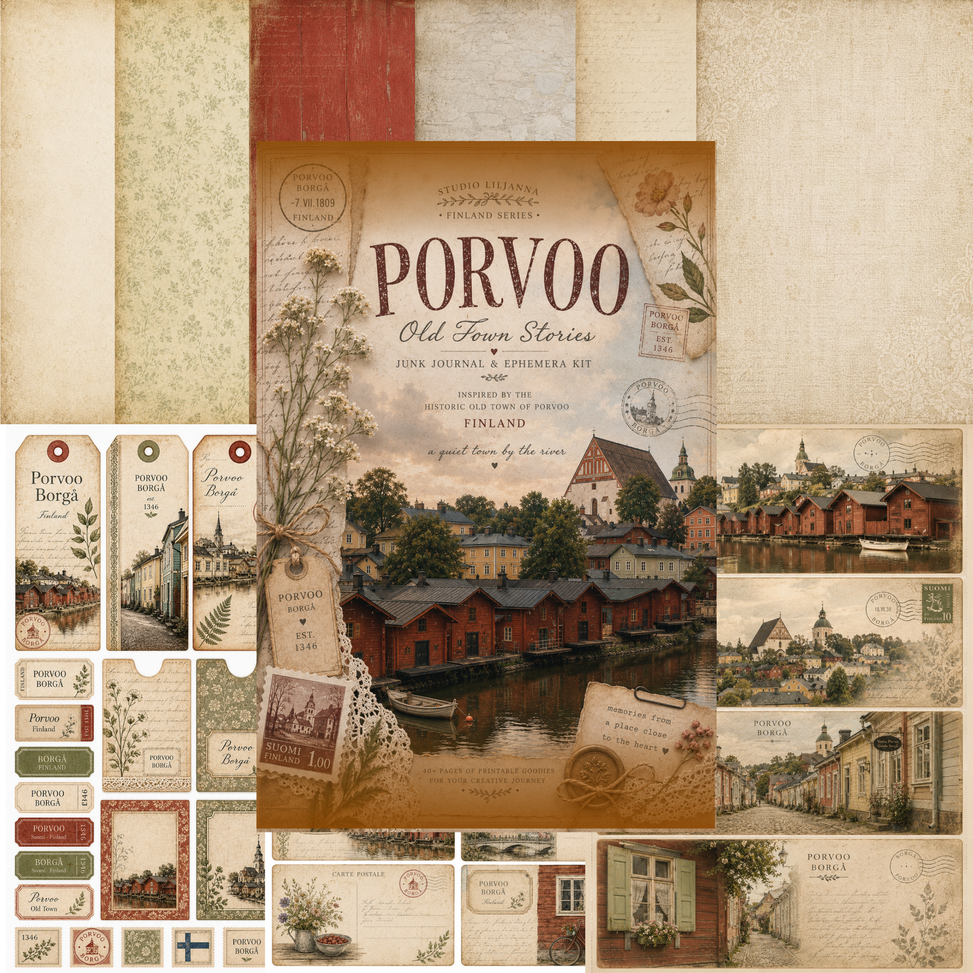 Porvoo Finland Junk Journal Kit Printable – Vintage Nordic Ephemera, Old Town Borgå Papers, Tags, Postcards, Scrapbook Kit, A4 Digital