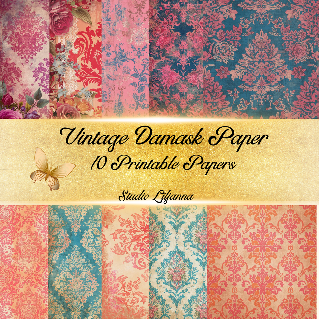 Vintage Damask Backing Papers, Shabby Chic Floral Digital Paper Pack, Pink Teal Scrapbook Backgrounds, Junk Journal Printable Kit