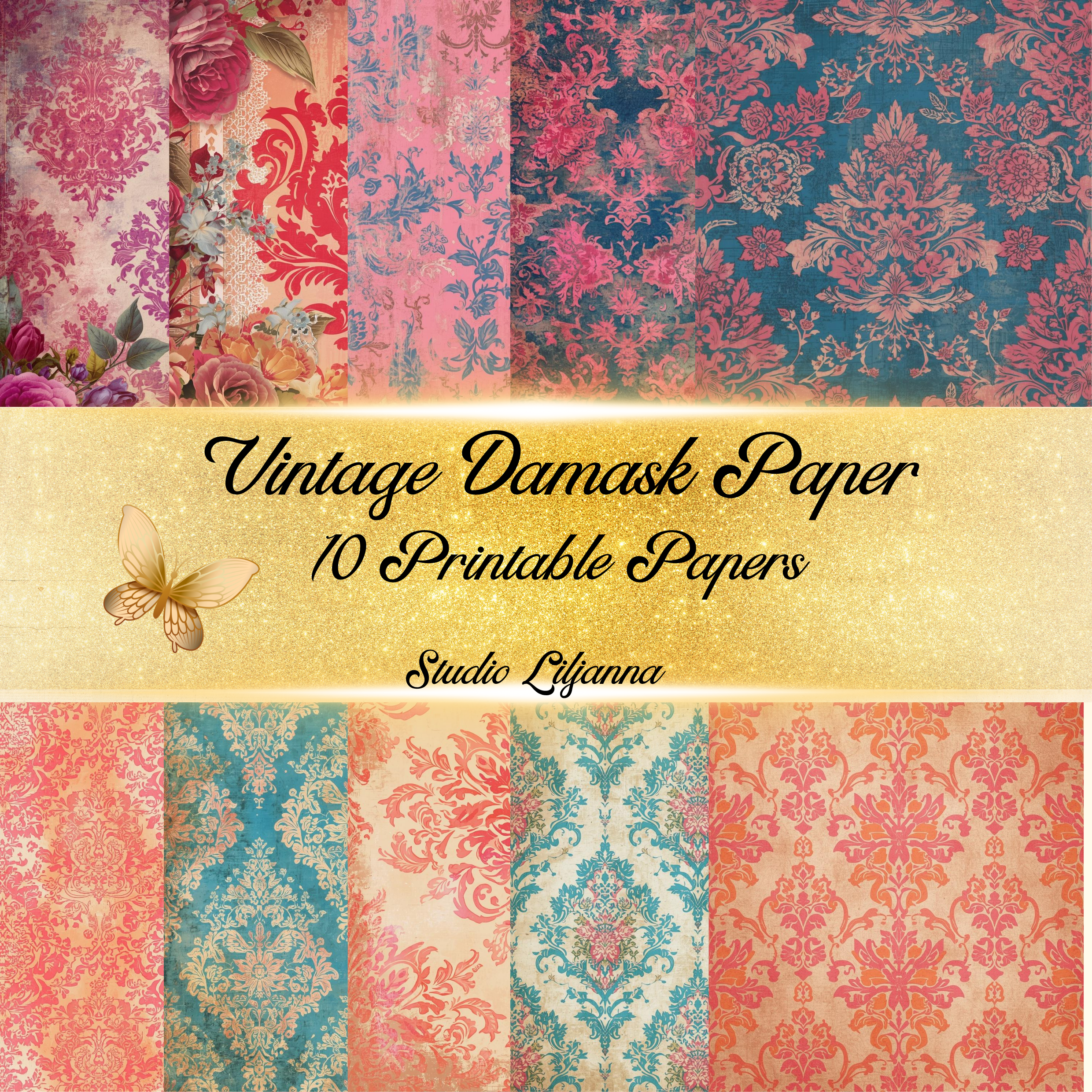 Vintage Damask Backing Papers, Shabby Chic Floral Digital Paper Pack, Pink Teal Scrapbook Backgrounds, Junk Journal Printable Kit