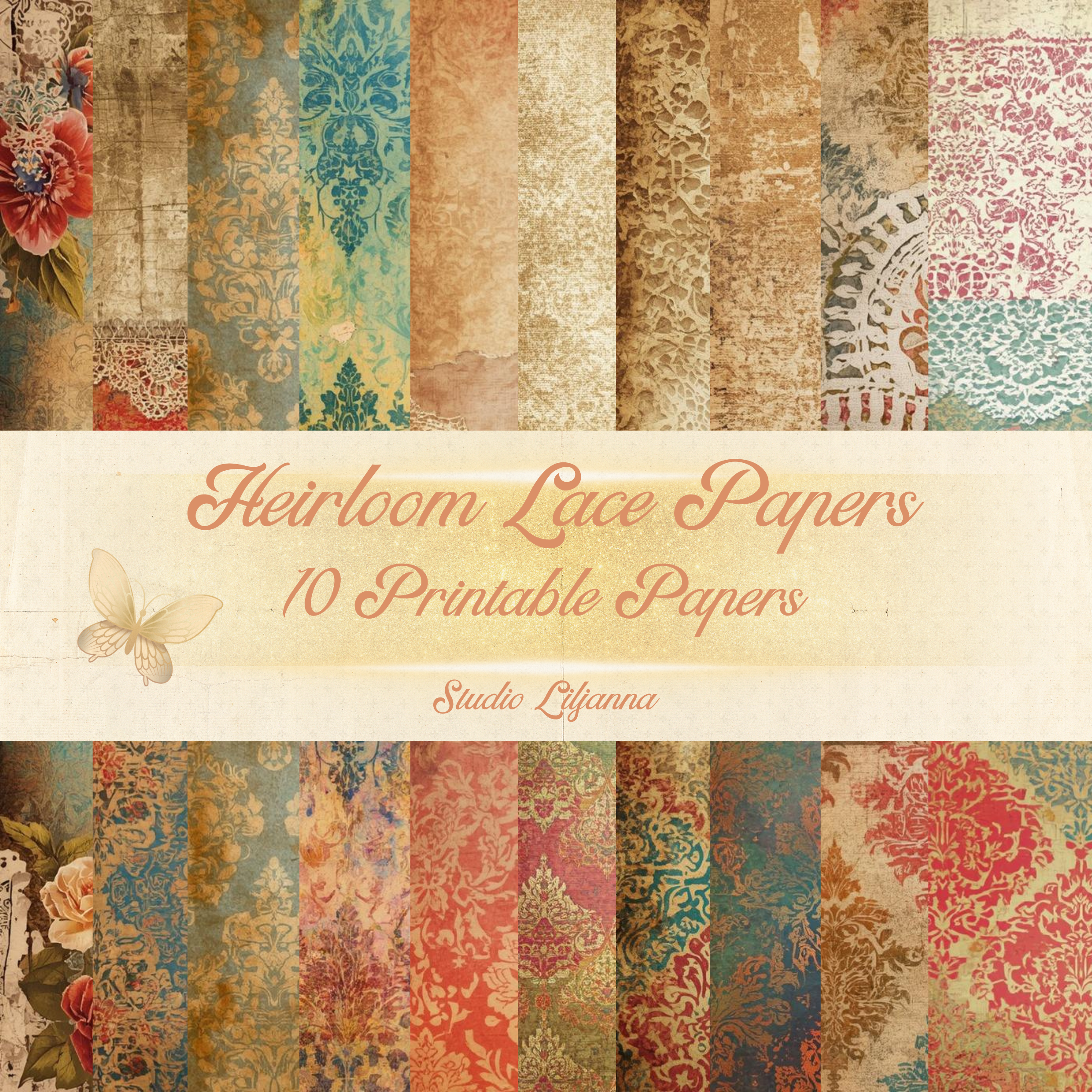 Heirloom Lace Papers – Vintage Damask & Lace Backgrounds | Printable Scrapbook Papers | Junk Journal Kit | Shabby Chic Digital Paper Pack