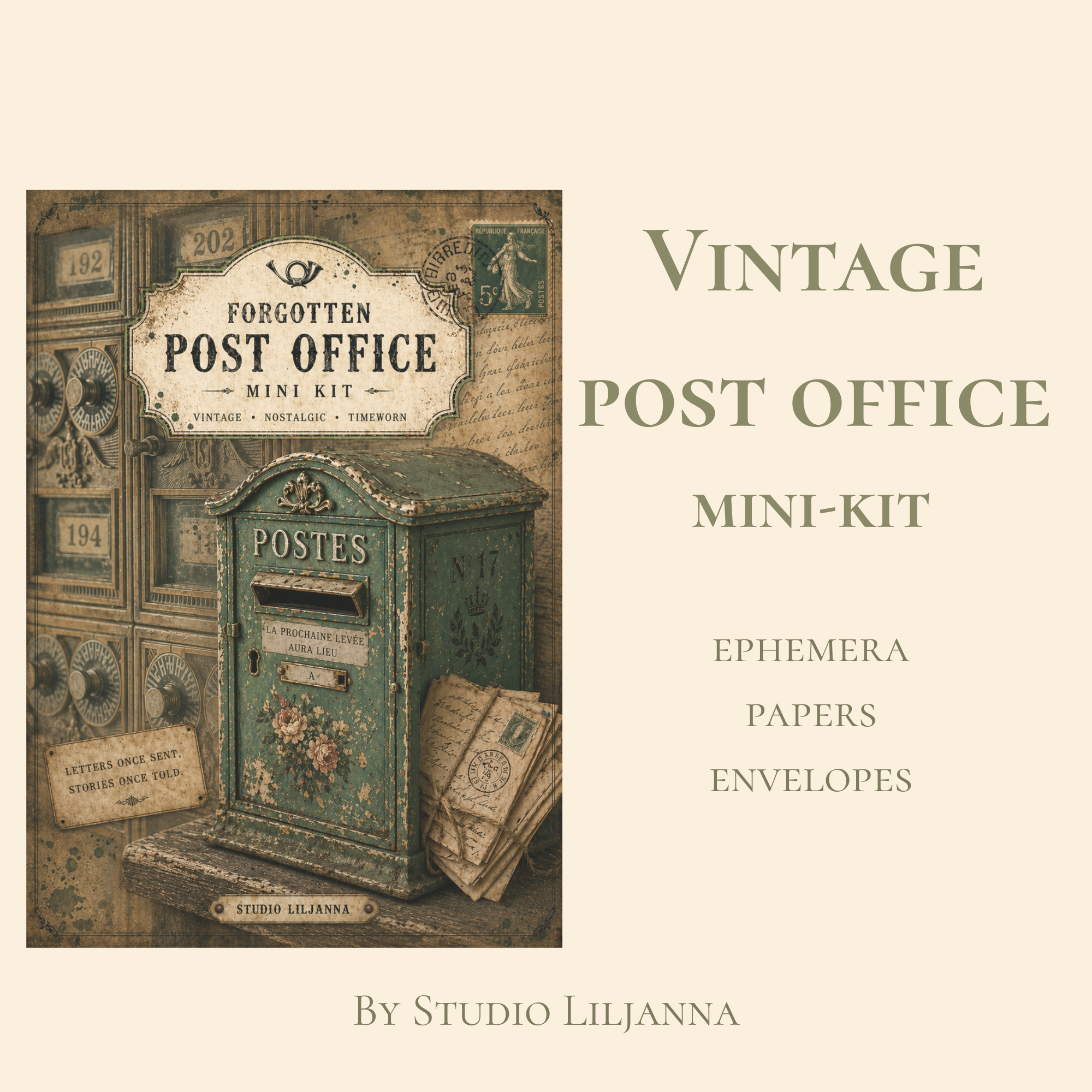 Vintage Post Office Junk Journal Kit Printable, French Postal Ephemera, Green Antique Papers, Mini Junk Journal Kit, Printable Ephemera