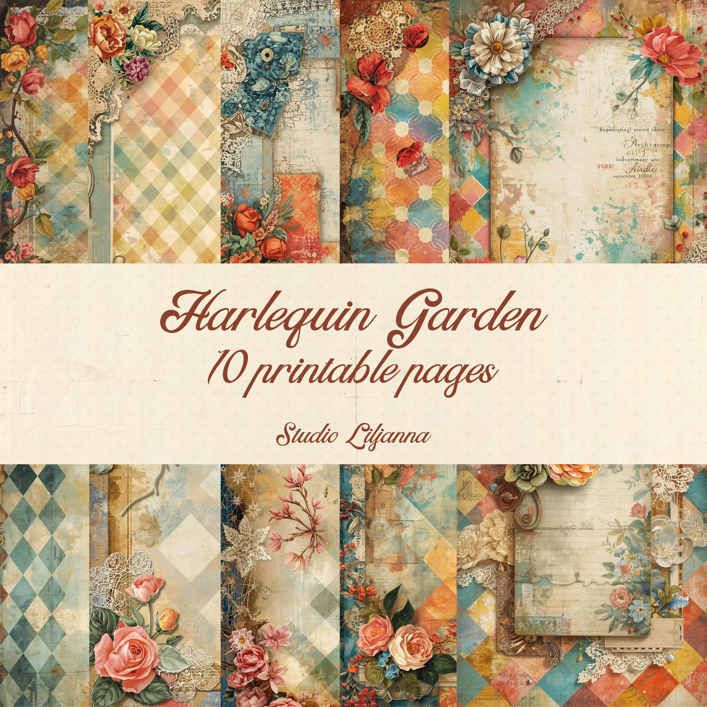Vintage Harlequin Floral Digital Papers, Junk Journal Backgrounds, Shabby Chic Scrapbook Paper, Printable Journal Kit, Cottagecore Papers