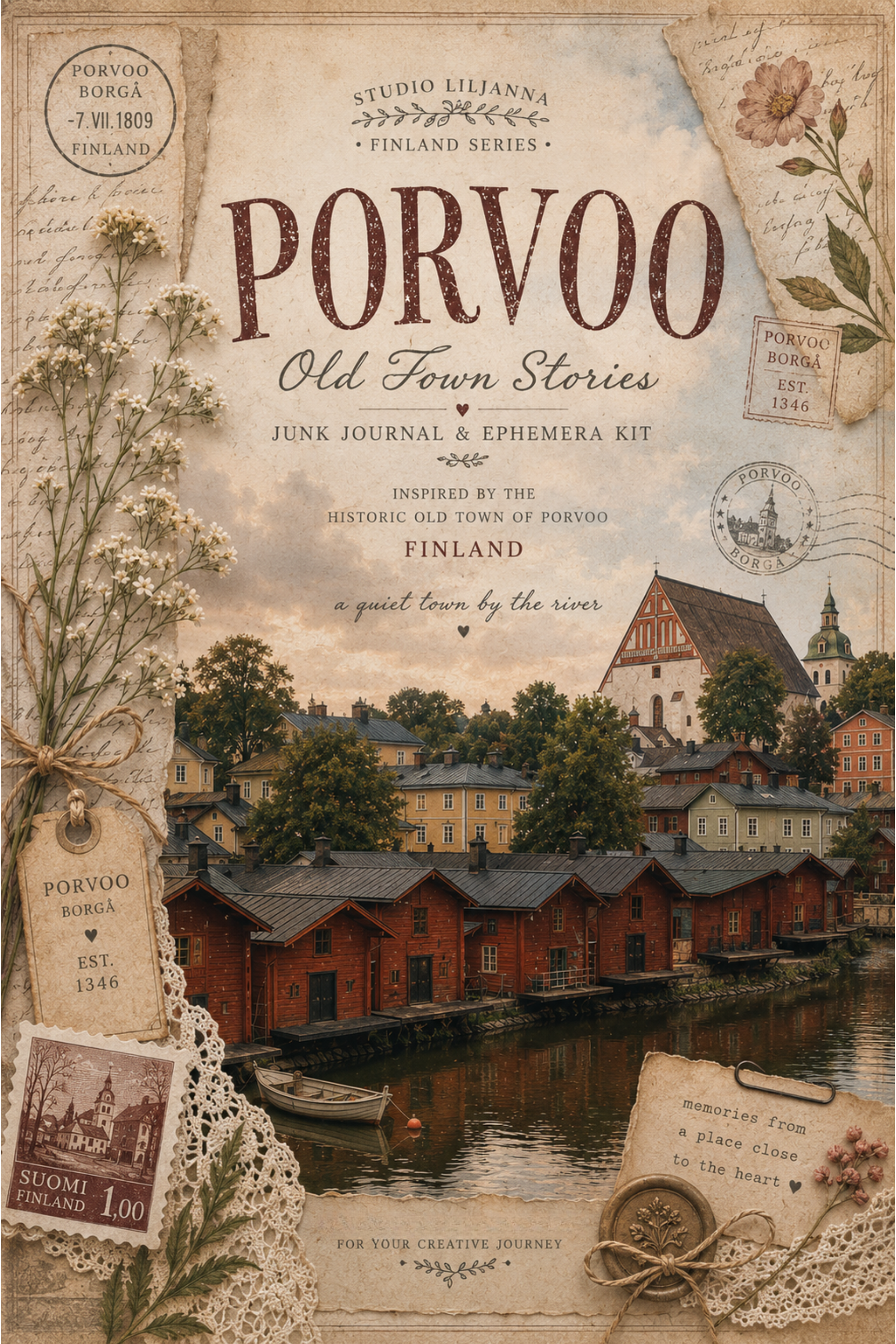 Porvoo Finland Junk Journal Kit Printable – Vintage Nordic Ephemera, Old Town Borgå Papers, Tags, Postcards, Scrapbook Kit, A4 Digital
