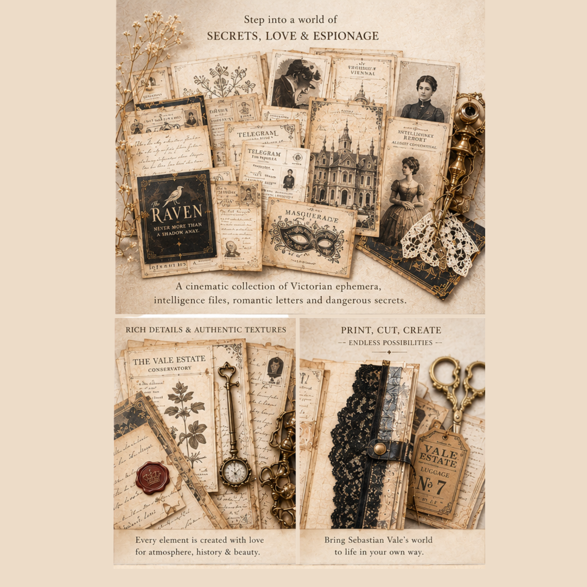 The Raven Archive Victorian Spy Romance Junk Journal Kit
