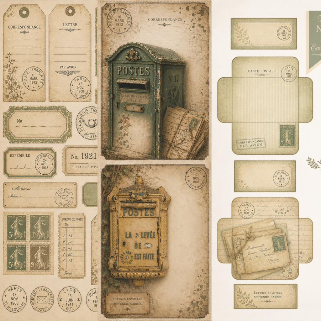 Vintage Post Office Junk Journal Kit Printable, French Postal Ephemera, Green Antique Papers, Mini Junk Journal Kit, Printable Ephemera