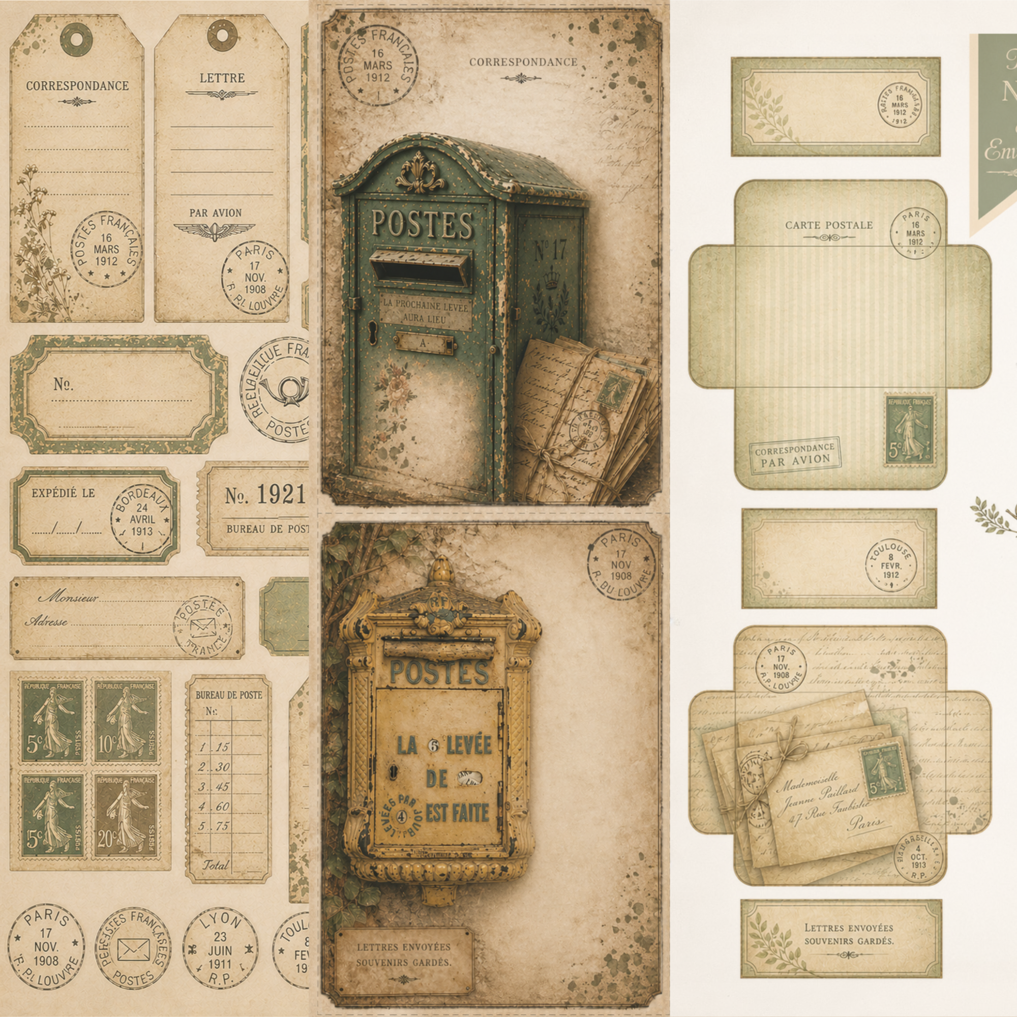 Vintage Post Office Junk Journal Kit Printable, French Postal Ephemera, Green Antique Papers, Mini Junk Journal Kit, Printable Ephemera