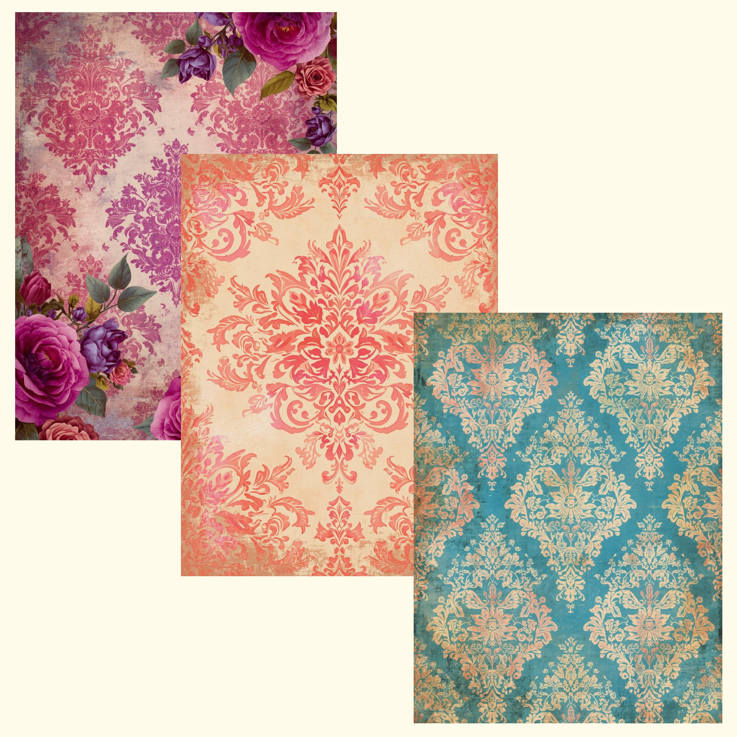 Vintage Damask Backing Papers, Shabby Chic Floral Digital Paper Pack, Pink Teal Scrapbook Backgrounds, Junk Journal Printable Kit