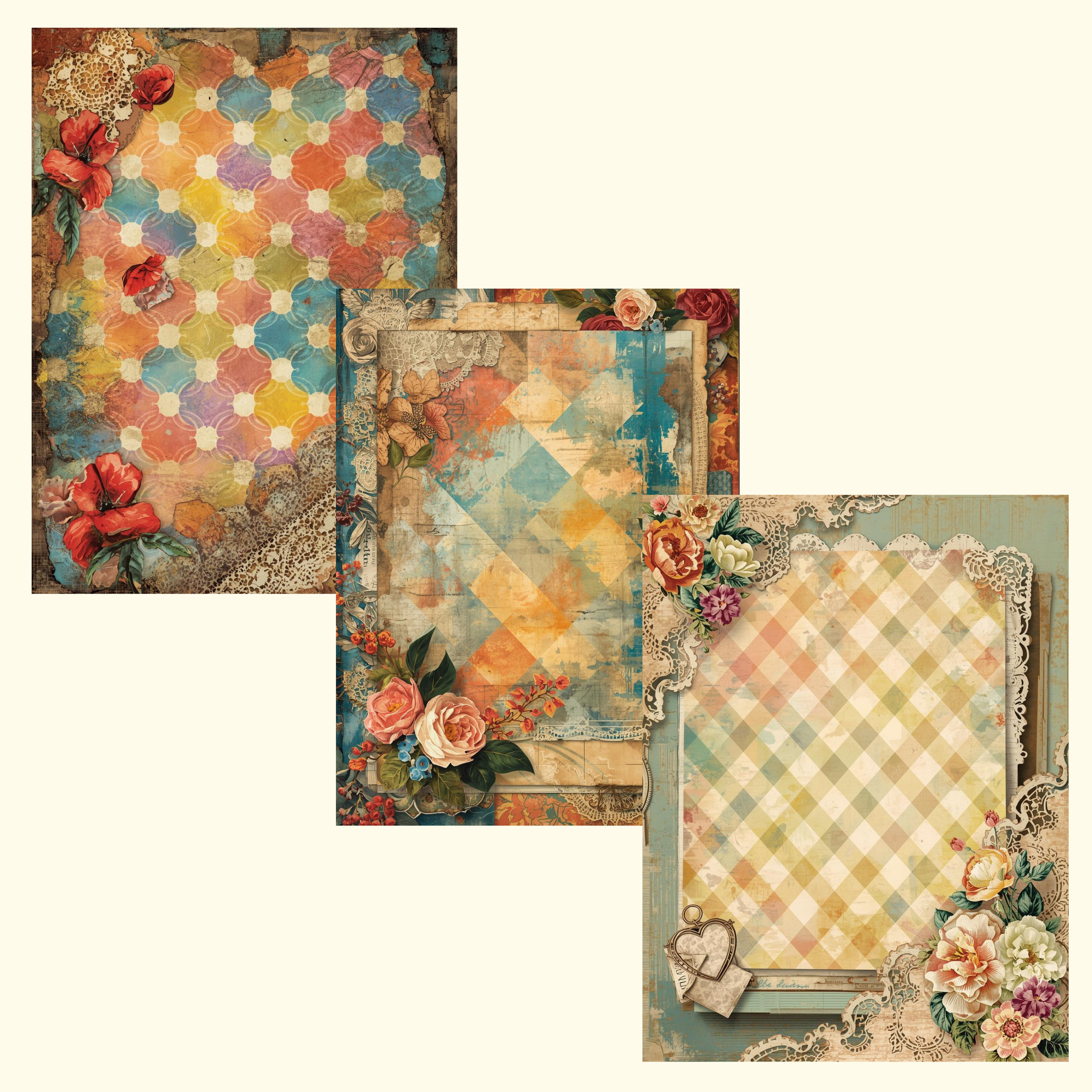 Vintage Harlequin Floral Digital Papers, Junk Journal Backgrounds, Shabby Chic Scrapbook Paper, Printable Journal Kit, Cottagecore Papers