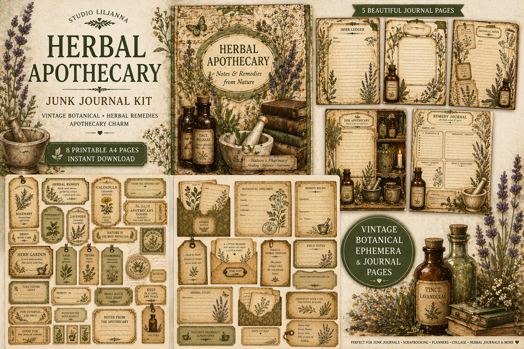 Herbal Apothecary Junk Journal Kit Printable A4, Vintage Botanical Journal Pages, Ephemera Tags Cards Pockets, Digital Download Studio Liljanna