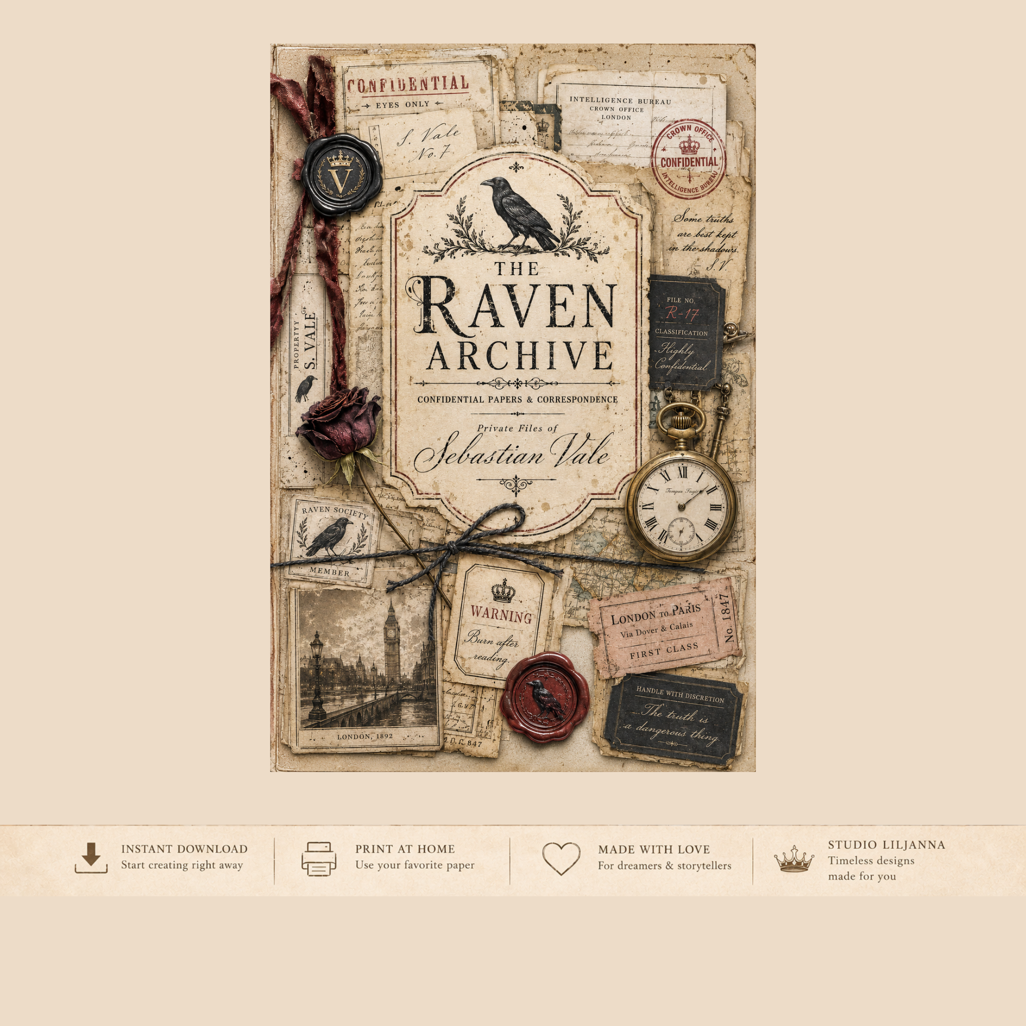 The Raven Archive Victorian Spy Romance Junk Journal Kit