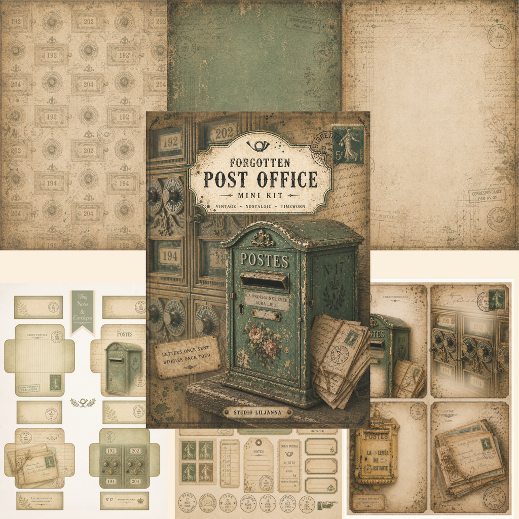Vintage Post Office Junk Journal Kit Printable, French Postal Ephemera, Green Antique Papers, Mini Junk Journal Kit, Printable Ephemera