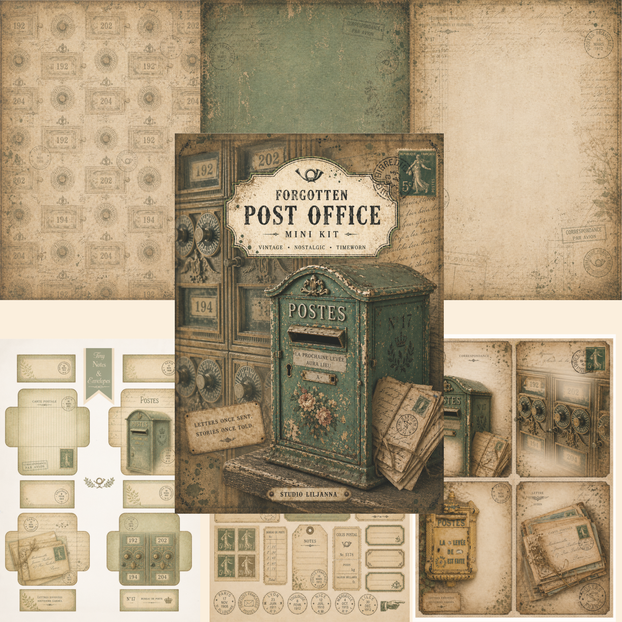 Vintage Post Office Junk Journal Kit Printable, French Postal Ephemera, Green Antique Papers, Mini Junk Journal Kit, Printable Ephemera