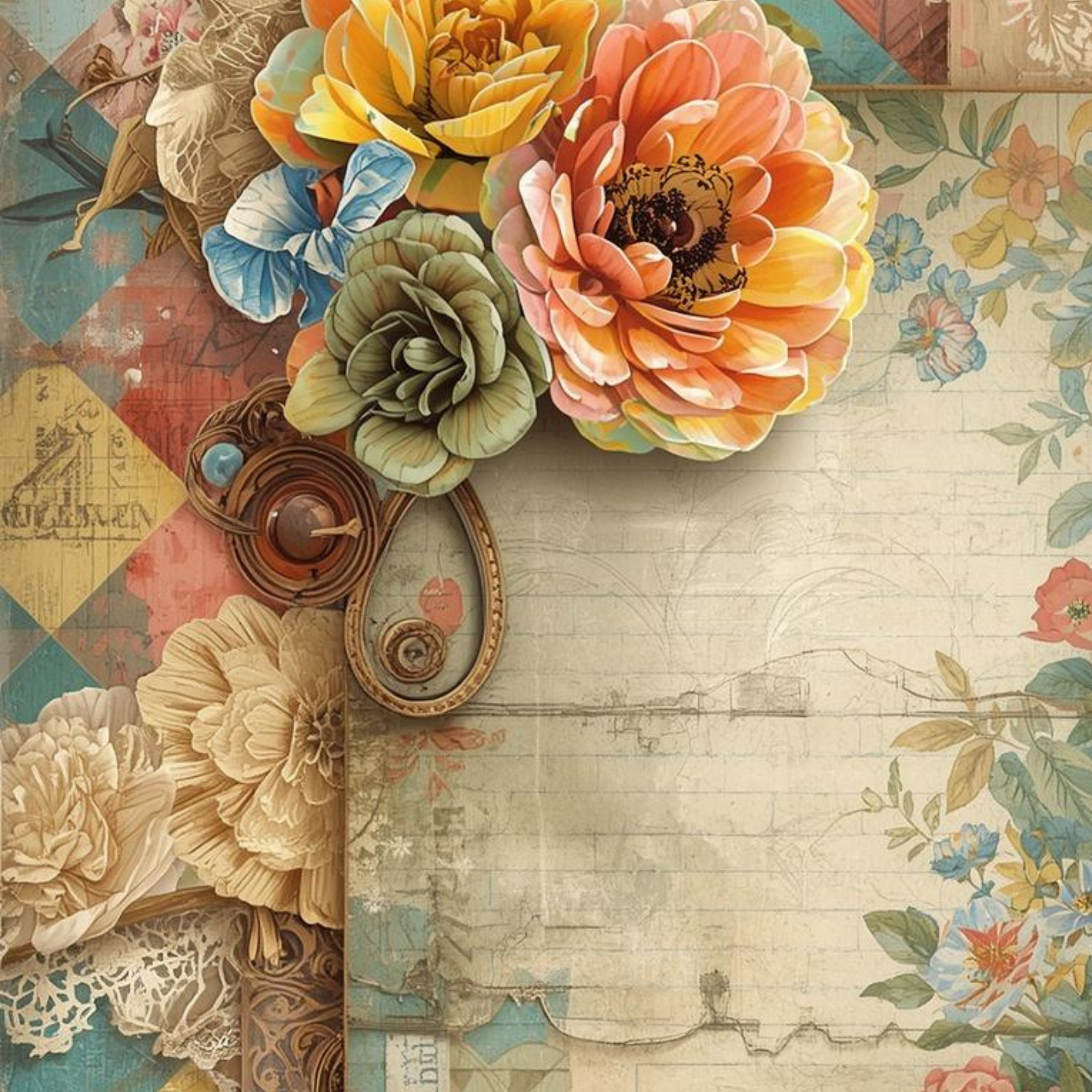 Vintage Harlequin Floral Digital Papers, Junk Journal Backgrounds, Shabby Chic Scrapbook Paper, Printable Journal Kit, Cottagecore Papers