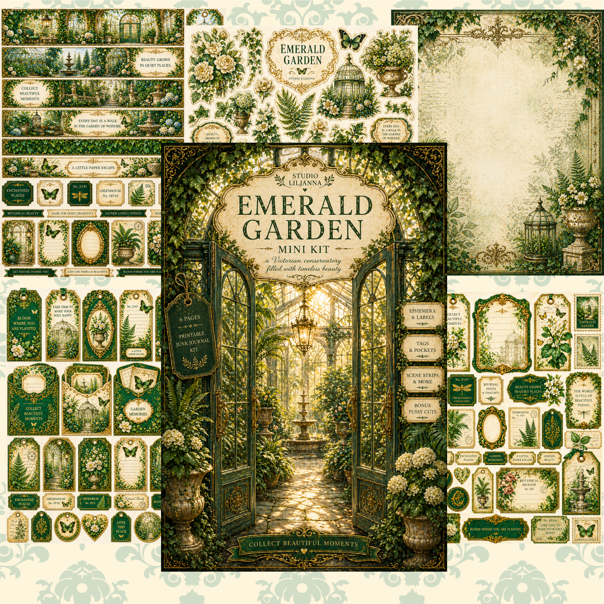 Emerald Garden Printable Junk Journal Kit, Green Victorian Ephemera, Botanical Journal Pages, Vintage Conservatory Kit, A4 Digital Download