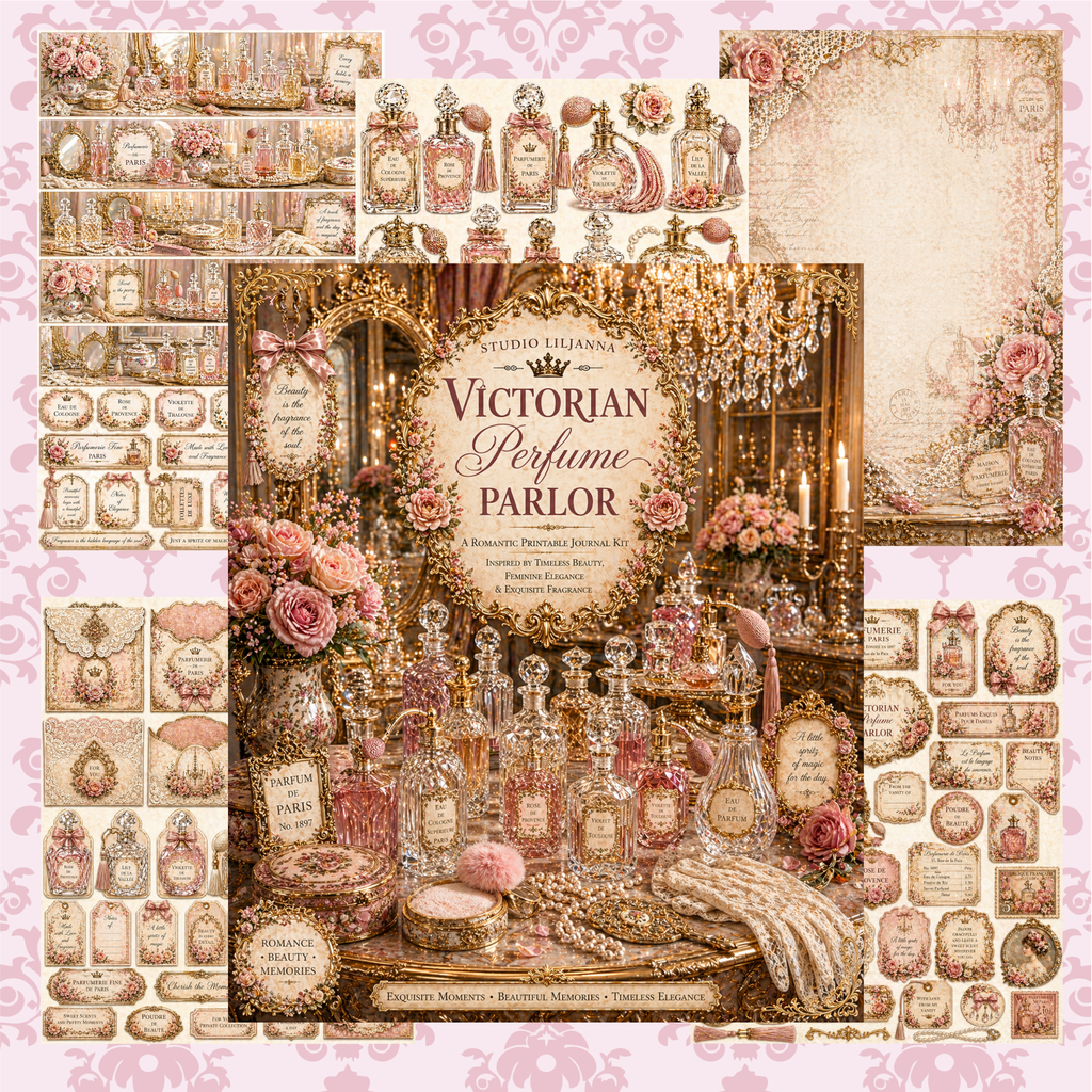 Victorian Perfume Parlor Printable Junk Journal Kit, Pink Vintage Ephemera, Perfume Bottle Journal Pages, A4 Digital Download, Mini-Kit