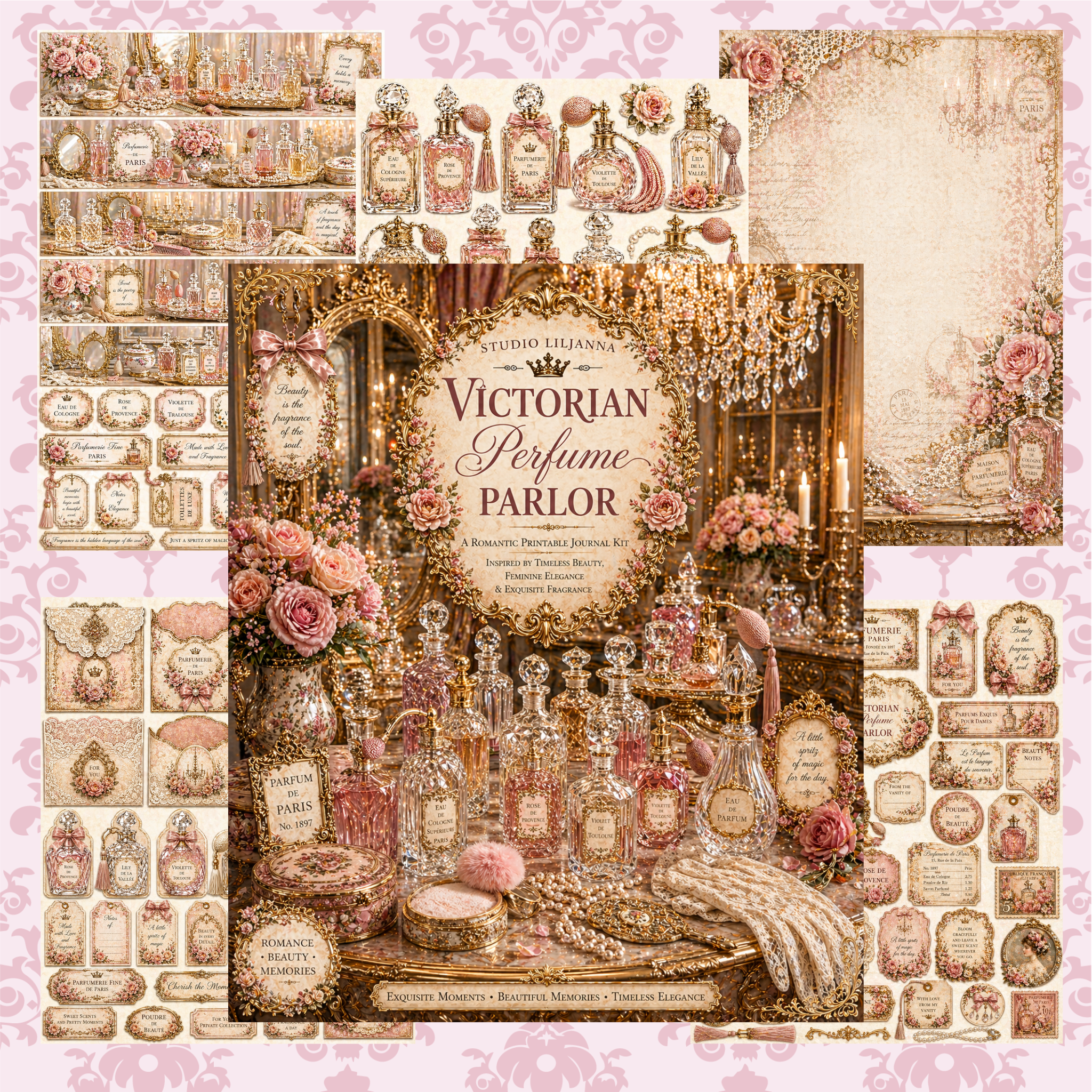 Victorian Perfume Parlor Printable Junk Journal Kit, Pink Vintage Ephemera, Perfume Bottle Journal Pages, A4 Digital Download, Mini-Kit