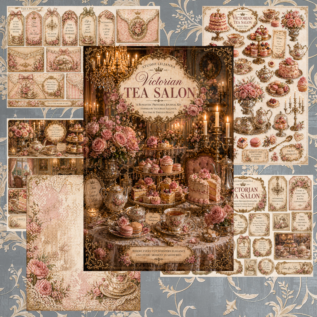 Victorian Tea Salon Printable Junk Journal Kit, Tea Party Ephemera, Vintage Cakes Journal Pages, A4 Digital Download