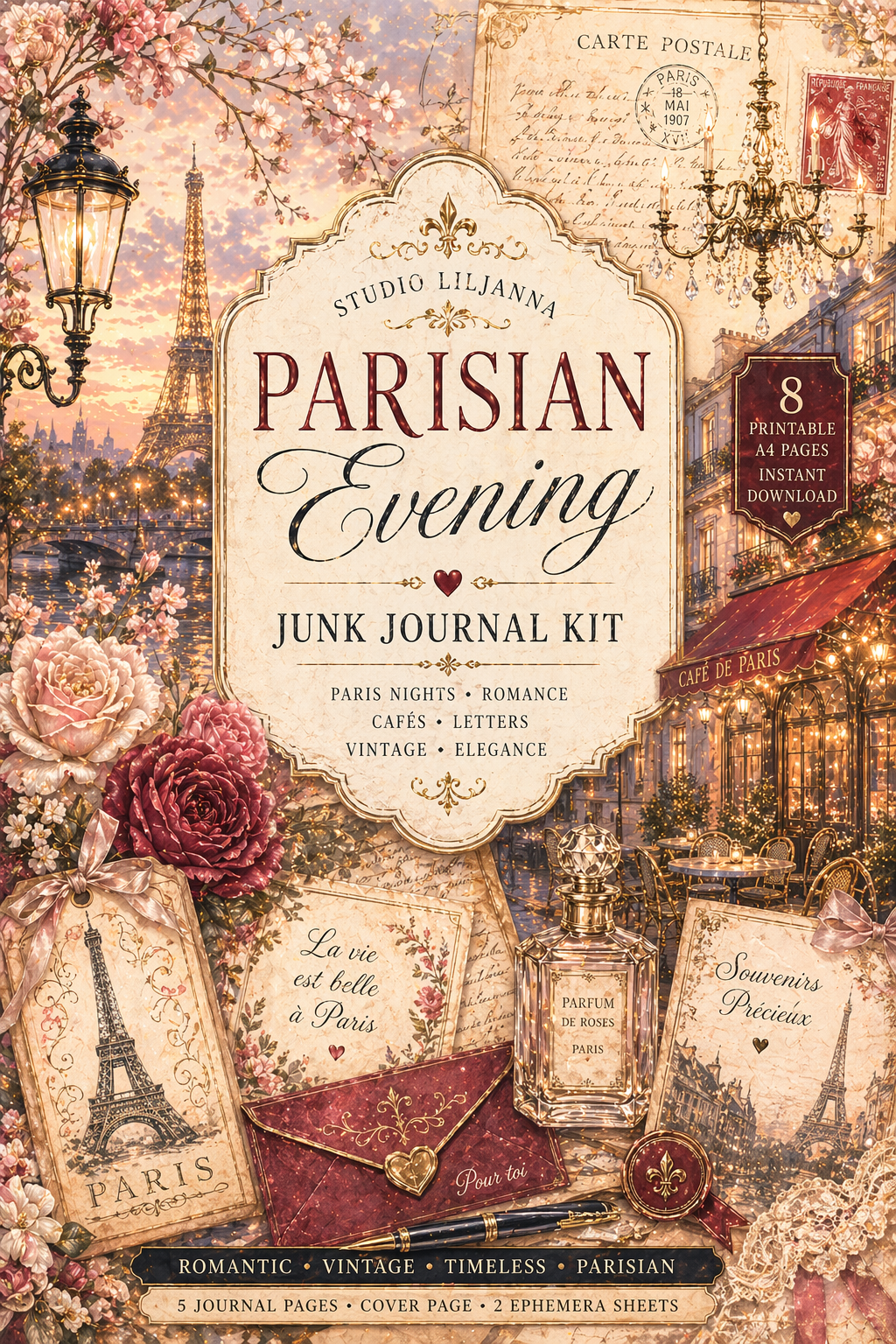 Parisian Evening V2 Junk Journal Kit Printable A4, Paris Ephemera Bundle, Romantic Vintage Journal Pages, Shabby Chic Digital Download