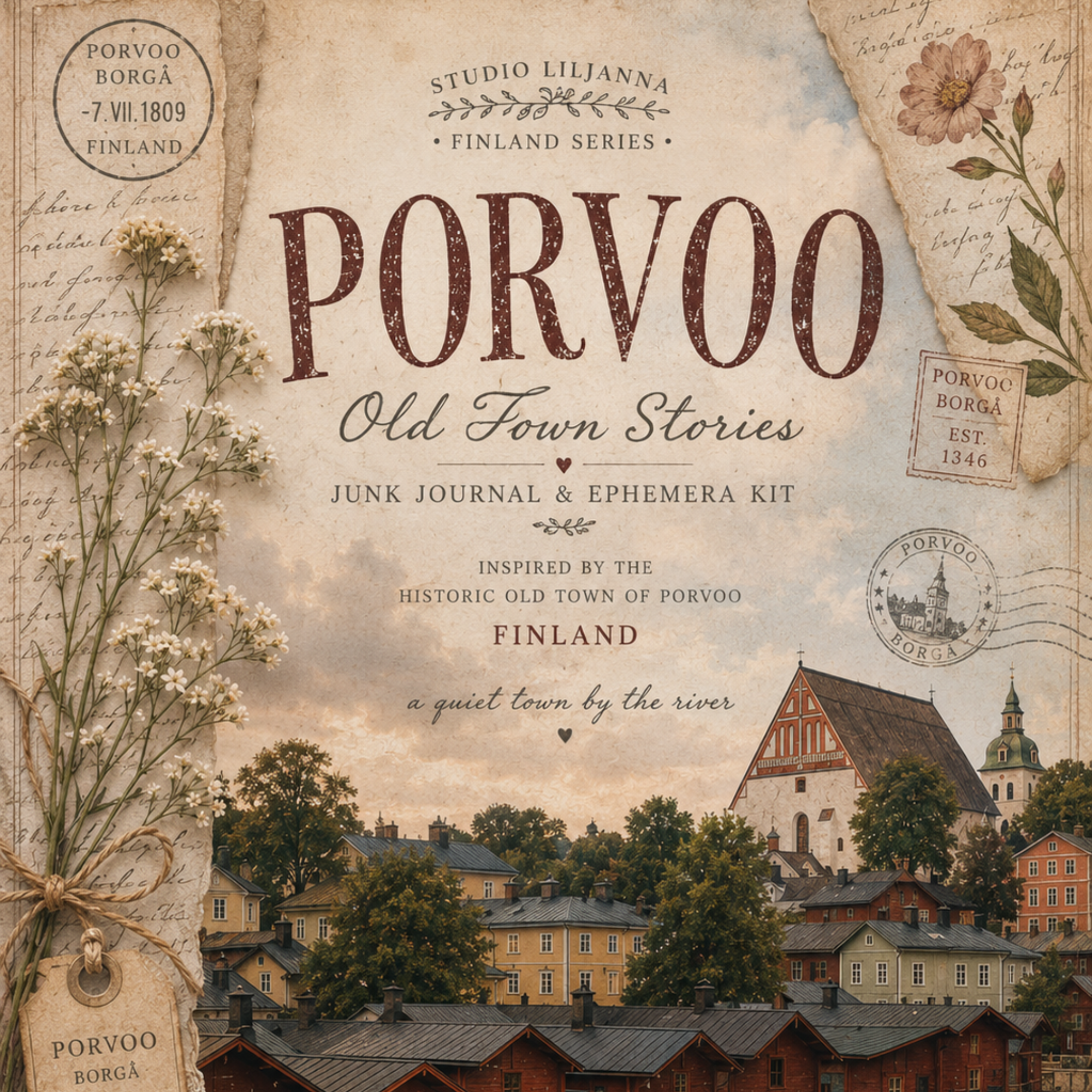 Porvoo Finland Junk Journal Kit Printable – Vintage Nordic Ephemera, Old Town Borgå Papers, Tags, Postcards, Scrapbook Kit, A4 Digital