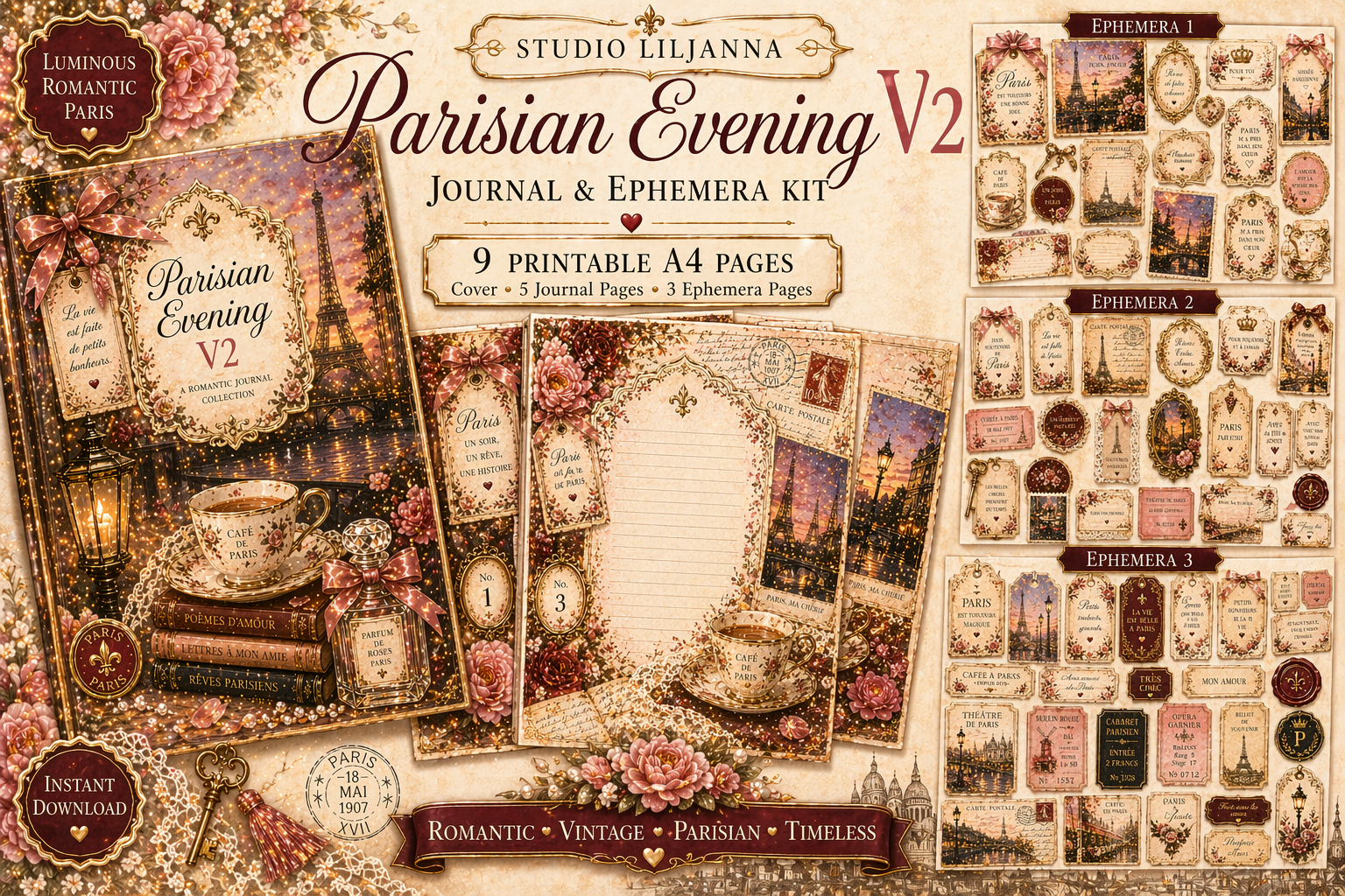 Parisian Evening V2 Junk Journal Kit Printable A4, Paris Ephemera Bundle, Romantic Vintage Journal Pages, Shabby Chic Digital Download